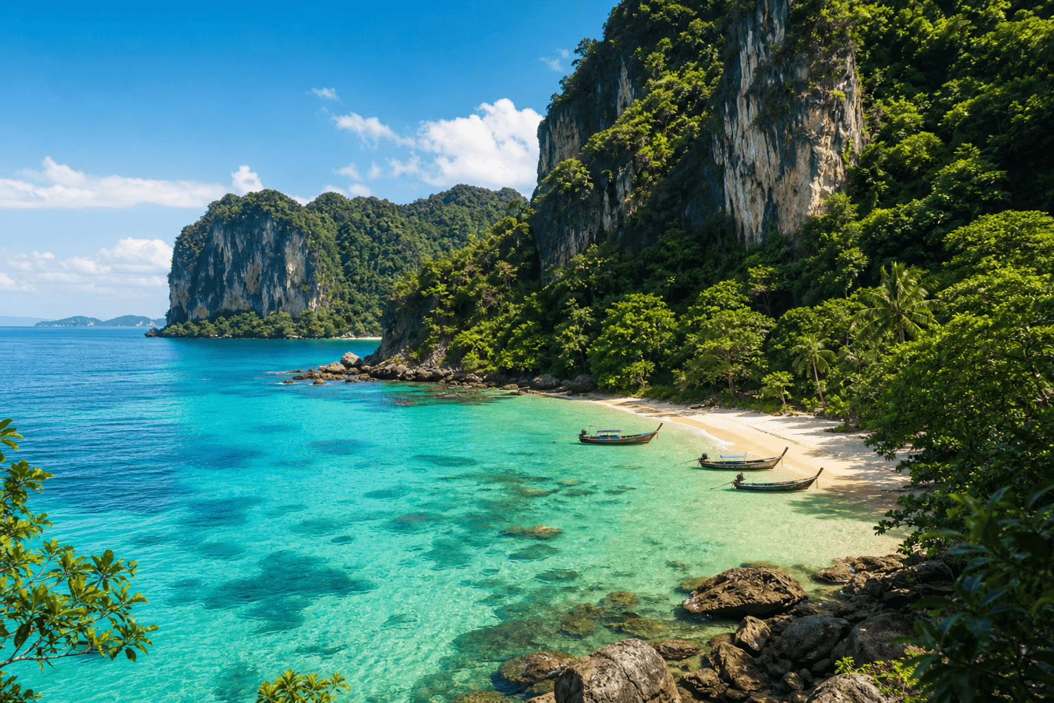 Turquoise Thai bay with limestone cliffs and tropical shoreline