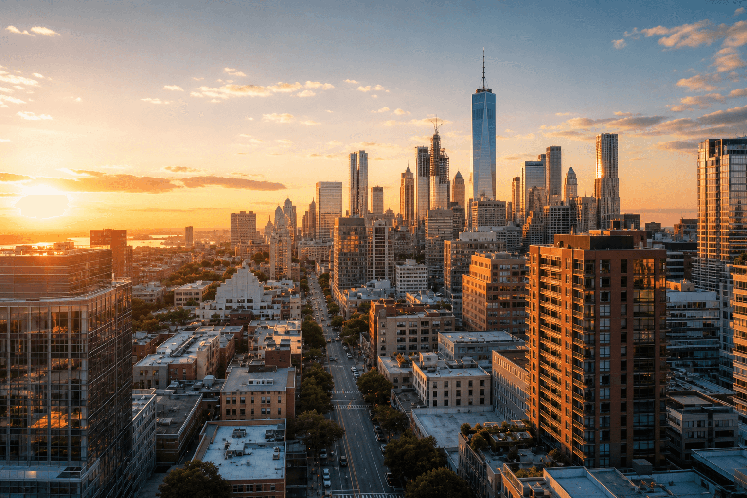 American city skyline in warm golden-hour light