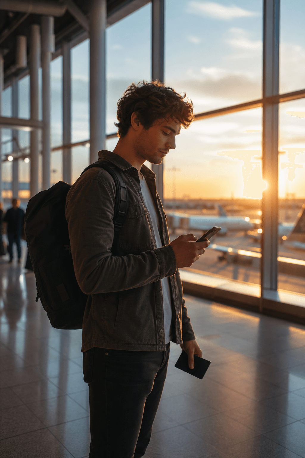 Traveler checking a phone in an airport terminal at sunset